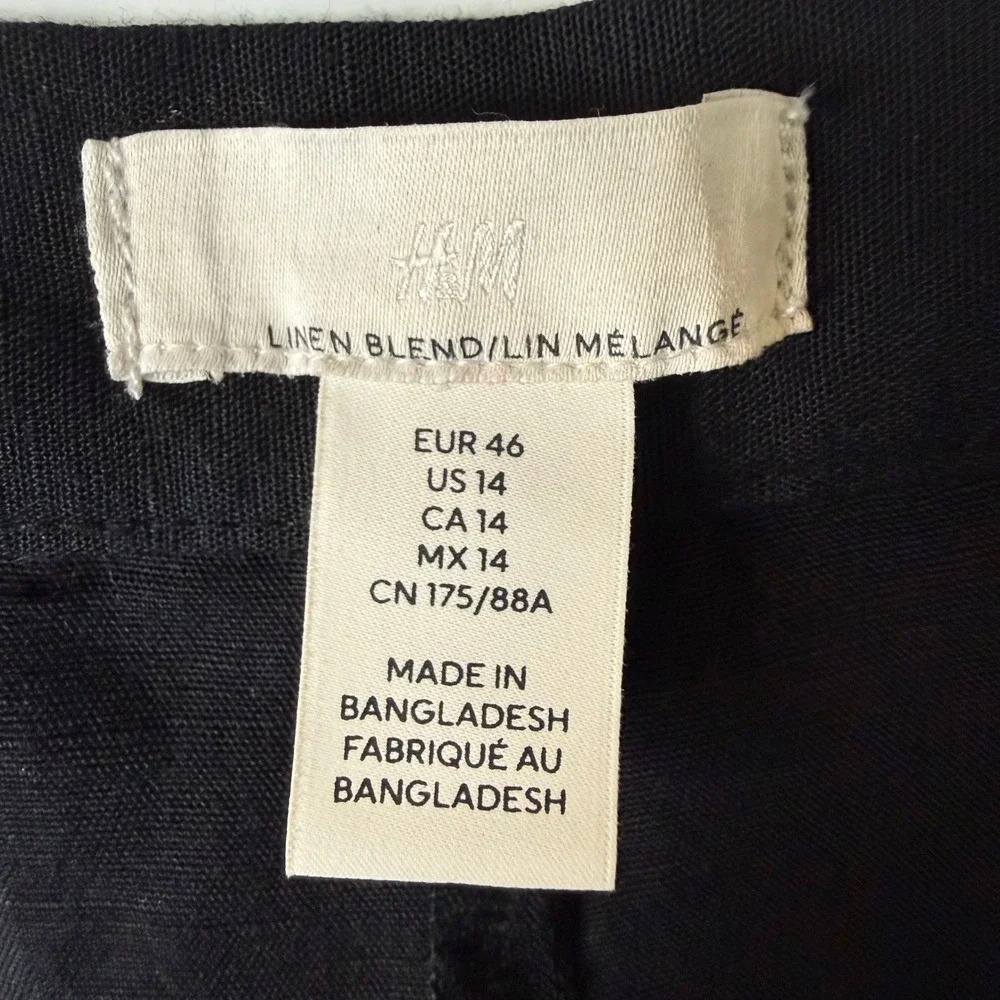 H&M Pants Women 14 Black‎ Linen Blend Wide Leg Pleated Trousers High Rise Beach